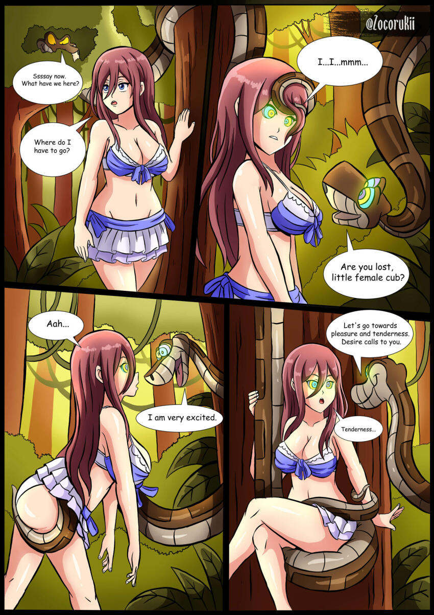 ass bare_legs coils comic crossed_legs crossover dialogue disney femsub hypnotic_eyes jungle kaa kaa_eyes large_breasts long_hair maledom miku_nakano outdoors plant red_hair sitting snake swimsuit text the_jungle_book the_quintessential_quintuplets trees zocorukii