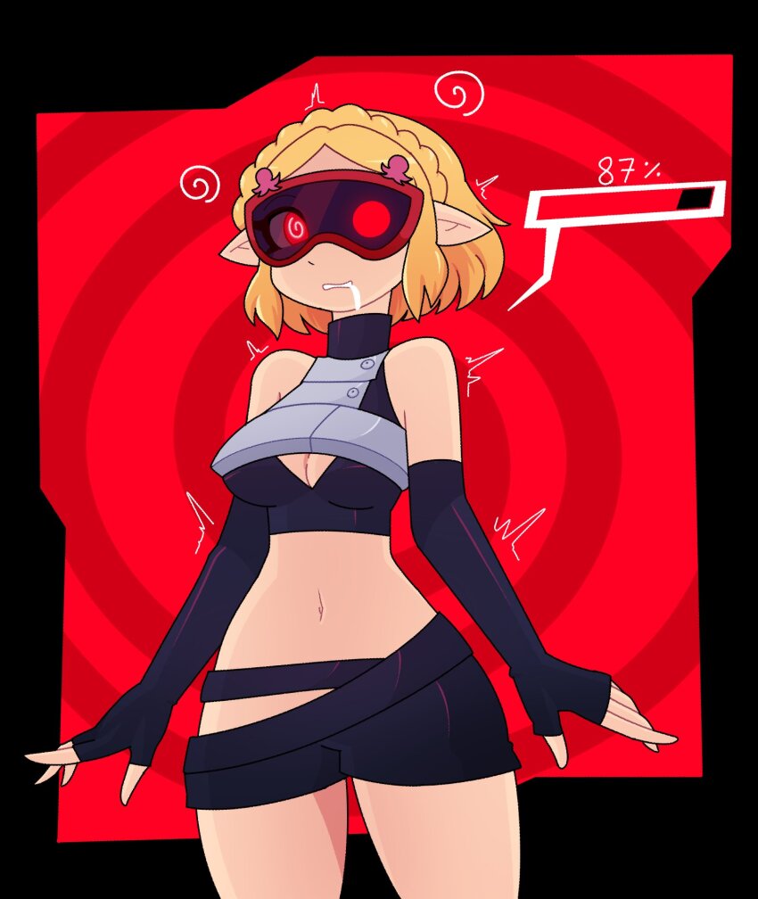 bare_shoulders blonde_hair braid cleavage crop_top drool elf_ears female_only femsub fingerless_gloves gloves glowing glowing_eyes hair_clips large_hips midriff navel nintendo opera_gloves princess_zelda progress_indicator rakuma-imp red_eyes short_hair short_shorts shorts solo spiral spiral_background spiral_eyes standing tears_of_the_kingdom tech_control the_legend_of_zelda trembling visor