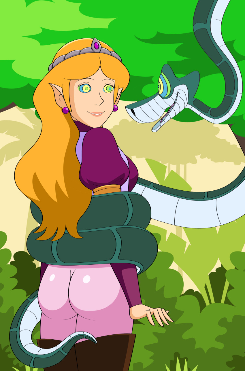 absurdres ass blonde_hair clothed coils crown disney dress earrings elf_ears femsub forest happy_trance jimryu kaa kaa_eyes large_ass long_hair maledom nintendo outdoors princess princess_zelda restrained smile snake the_jungle_book the_legend_of_zelda thighhighs