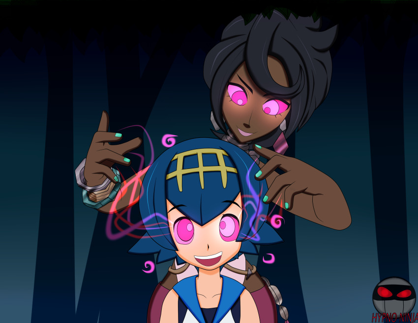 black_hair blue_hair bracelet dark_skin earrings female_only femdom femsub glowing_eyes happy_trance hypno_ninja jewelry lana_(pokemon) loli nail_polish nintendo olivia_(pokemon) pokemon pokemon_sun_and_moon symbol