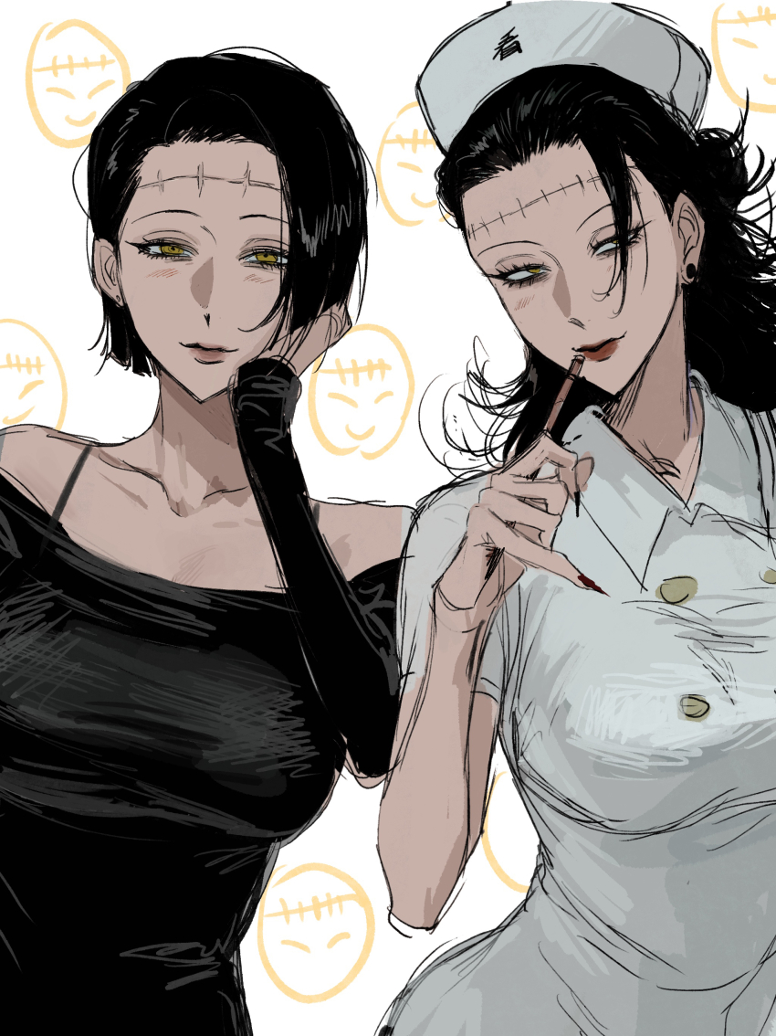 black_hair blush clothed femsub genderswap itadori_kaori jujutsu_kaisen kenjaku milf multiple_girls multiple_subs nurse possession short_hair soki stitches suguru_geto yellow_eyes