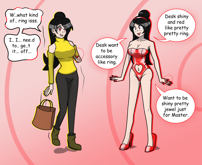 altered_common_sense before_and_after bimbofication black_hair boots bunnysuit cleavage clothed collarbone english_text female_only femsub headband high_heels hy2300 hypnotic_accessory lipstick long_hair nail_polish navel pants red_eyes red_hair resisting ring shrunken_irises single_hair_bun smile speech_bubble standing text