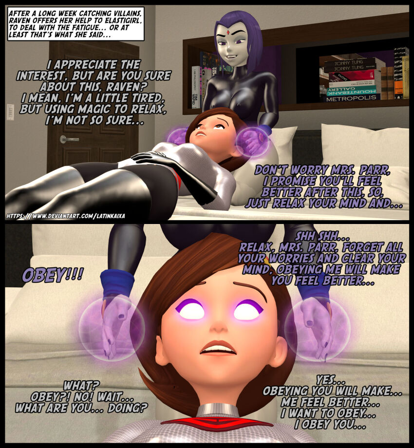 3d comic dc_comics dialogue femdom femsub grey_skin helen_parr large_breasts latinkaixa milf raven teen_titans text the_incredibles