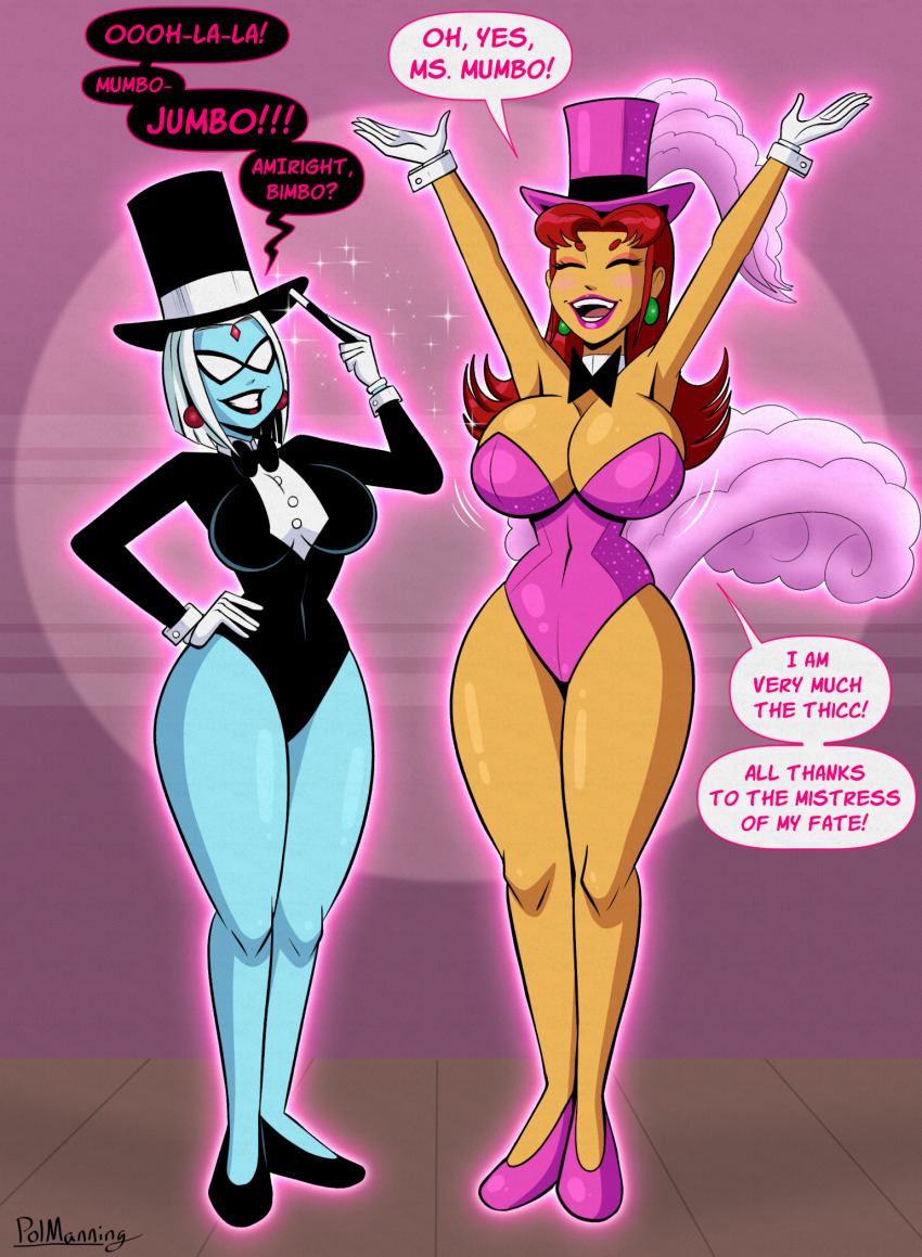 alien alien_girl bimbofication black_lipstick blue_skin blush bow bow_tie breast_expansion breasts cleavage collar dc_comics demon demon_girl dialogue earrings english_text female_only femdom femsub gloves hat high_heels hypnotized_hypnotist leotard lipstick long_hair mask mumbo_jumbo orange_skin pink_lipstick polmanning ravebo raven red_hair short_hair showgirl speech_bubble starfire suit super_hero teen_titans text top_hat white_hair