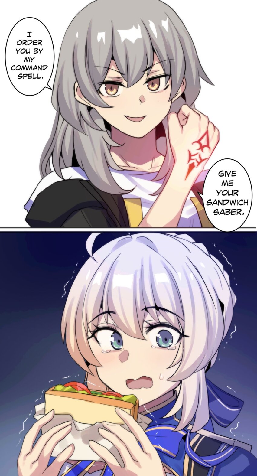 ahoge artoria_pendragon blonde_hair braid clothed command_seal crossover dialogue english_text evil_smile eyebrows_visible_through_hair fate/stay_night fate_(series) female_only femdom femsub food glowing green_eyes hair_ornament hair_ribbon hinghoi honkai_star_rail humor hypnotic_magic hypnotic_tattoo resisting ribbon saber silver_hair simple_background smile speech_bubble stelle_(honkai_star_rail) sweat tattoo tears text trembling unhappy_trance yellow_eyes