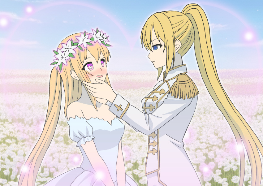 aura bare_shoulders basutabesutasu blonde_hair blue_eyes blush character_request charm_(spell) clothed copyright_request dress female_only femdom femsub flower flower_crown hand_on_another&#039;s_cheek happy_trance heart_eyes outdoors ponytail smile symbol_in_eyes tagme very_long_hair yuri