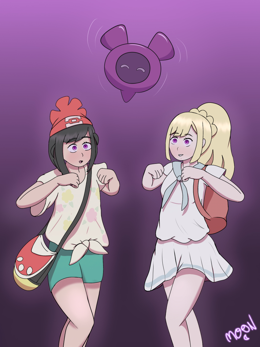 black_hair blonde_hair chicken_pose female_only femsub happy_trance lillie_(pokemon) m00n_key mochi_dance multiple_girls multiple_subs nintendo pecharunt pokemon pokemon_scarlet_and_violet pokemon_sun_and_moon purple_background purple_eyes selene_(pokemon) signature simple_background