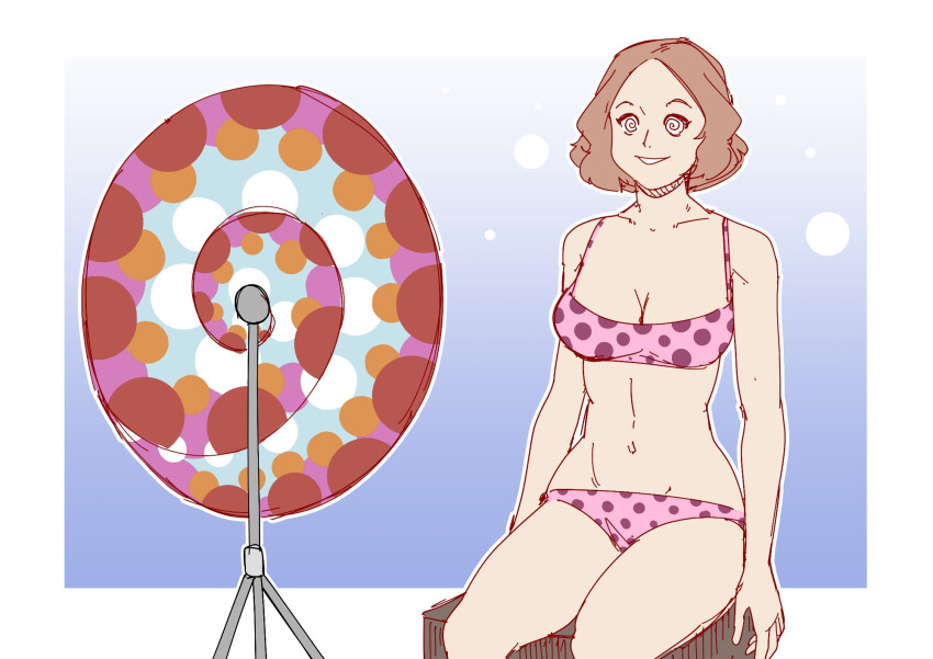 bare_legs bare_shoulders blue_background border bra brown_hair bubble cleavage collarbone curly_hair efalabrino female_only femsub gradient_background happy_trance haru_okumura hypnotic_disc legs navel our_man_flint panties parody persona_(series) persona_5 short_hair simple_background sitting smile solo spiral spiral_eyes thighs underwear