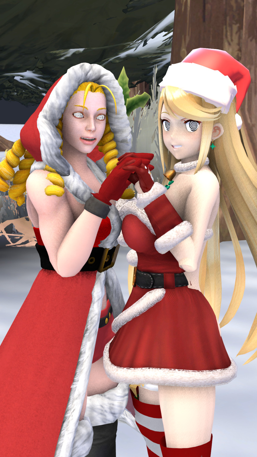 3d alternate_costume bare_shoulders blonde_hair breasts capcom christmas crossover earrings female_only femsub gloves happy_trance hat holding_hands karin_kanzuki large_breasts long_hair looking_at_viewer mythra_(xenoblade) nintendo outdoors santa_costume santa_hat smile snow spiral spiral_eyes spiralwash_eyes street_fighter thighs whateverdude19 xenoblade_chronicles xenoblade_chronicles_2