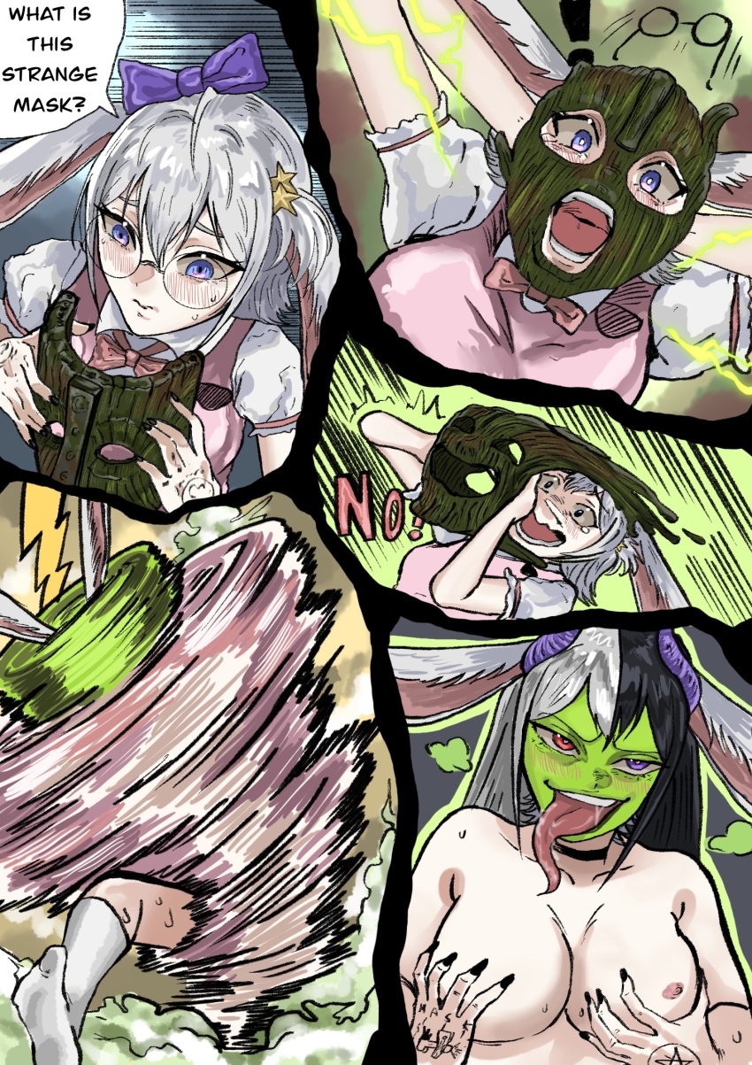 ampt3269 arms_above_head bare_shoulders black_hair blush body_writing breasts bunny_ears bunny_girl character_request cleavage corruption dialogue english_text eye_color_change femsub glasses grey_hair hair_color_change happy_trance heart heterochromia hypnotic_mask large_breasts living_costume long_tongue mask multicolored_hair nail_polish possession purple_eyes red_eyes smile speech_bubble surprised sweat symbol tattoo tears text the_mask tongue tongue_out topless transformation