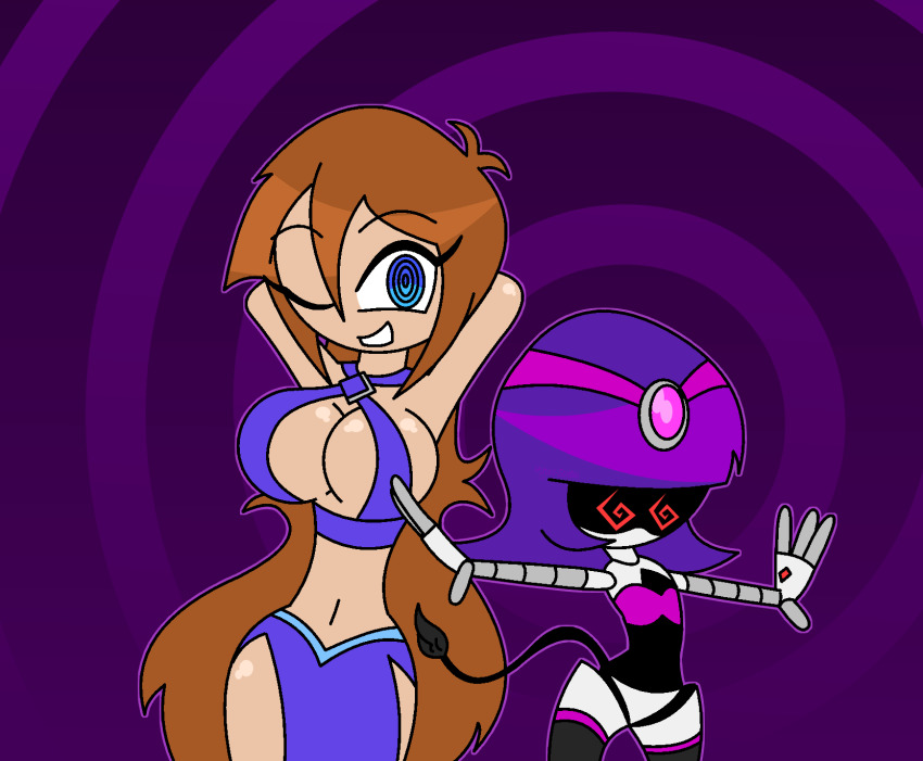 armpits arms_above_head bare_shoulders blue_eyes bottomless brown_hair cleavage cleavage_cutout dancer dancing eyebrows_visible_through_hair eyelashes female_only femdom femsub gradient_background harem_outfit hypnoscream hypnotic_dance jewelry kingdom_hearts large_breasts large_hips long_hair looking_at_viewer murder_drones navel no_panties original purple_background purple_hair red_eyes ring_background ring_eyes robot robot_girl setchia_xine_(hypnoscream) shiny_hair shiny_skin short_hair shortstack side_slits sideboob smile spiral_eyes straight-cut_bangs tail tan_skin thighhighs underboob wink yeva_(murder_drones)