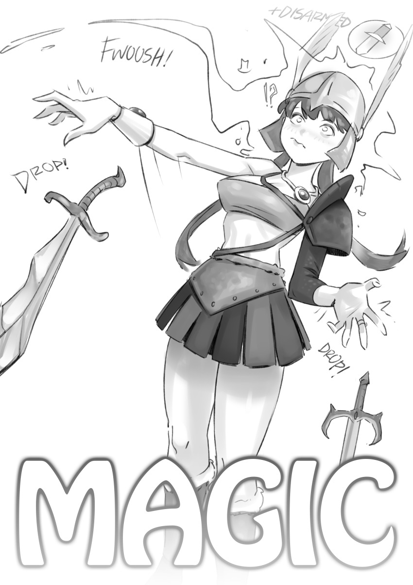 absurdres armor character_request copyright_request dazed english_text femsub gmun greyscale helmet hypnotic_magic magic sword tagme text weapon
