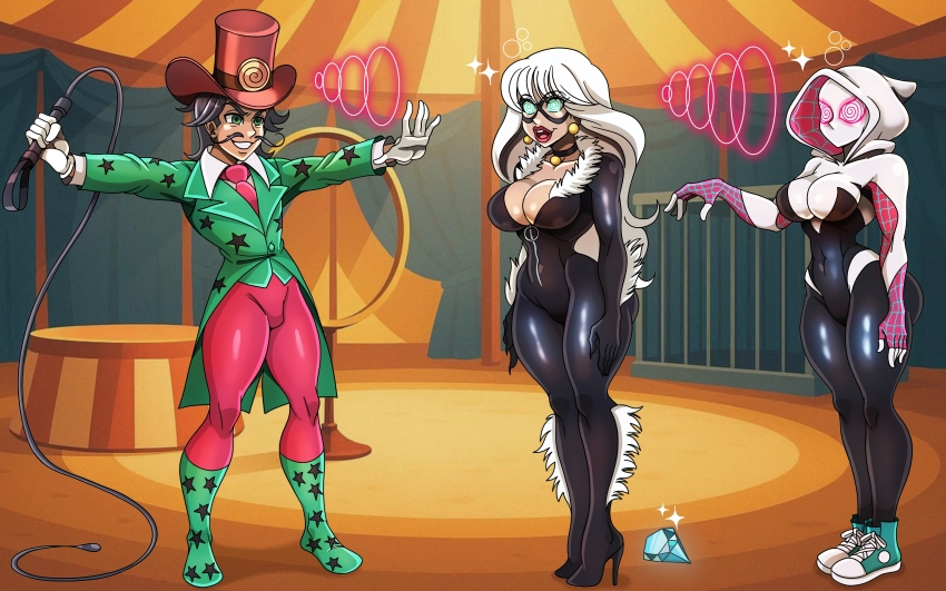 black_cat circus felicia_hardy femsub gwen_stacy maledom marvel_comics ringmaster spider-gwen spiral_eyes standing standing_at_attention super_hero zorro-zero