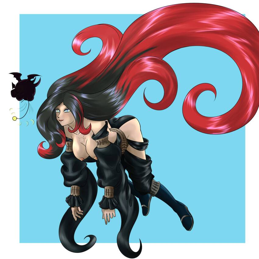 androgynous_dom arm_warmers bare_breasts bent_over black_hair blue_background breasts character_request cleavage femsub floating gravity_rush kaa_eyes katsiika large_breasts pendulum raven_(gravity_rush) red_hair shoes simple_background thighs topless very_long_hair