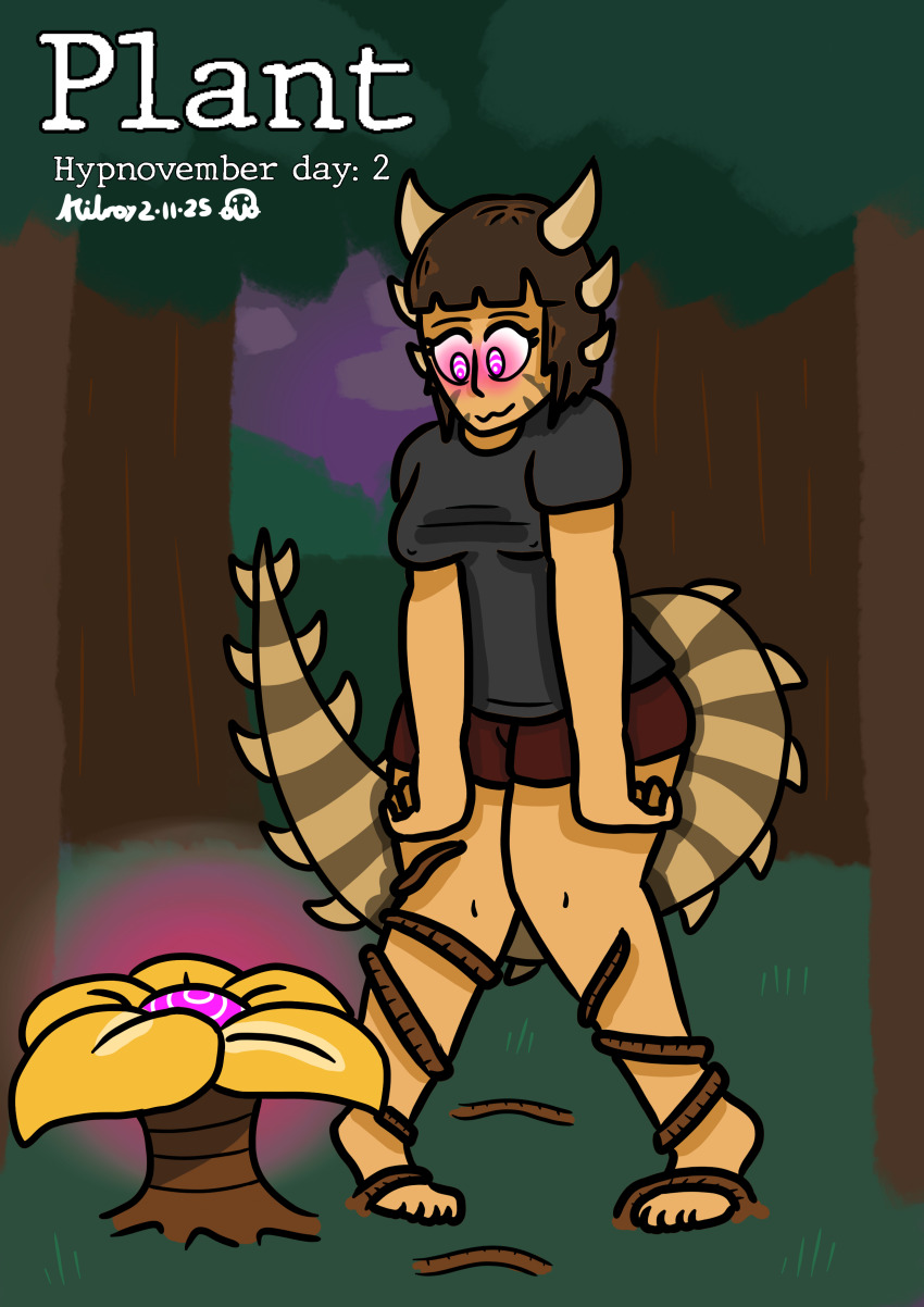 breasts femsub glowing_eyes happy_trance horns hypnotic_light hypnotic_plant hypnovember kilroylucy18 knees_together lucy_theodulf_(kilroylucy) original outdoors plant short_hair smile solo spiral_eyes tail