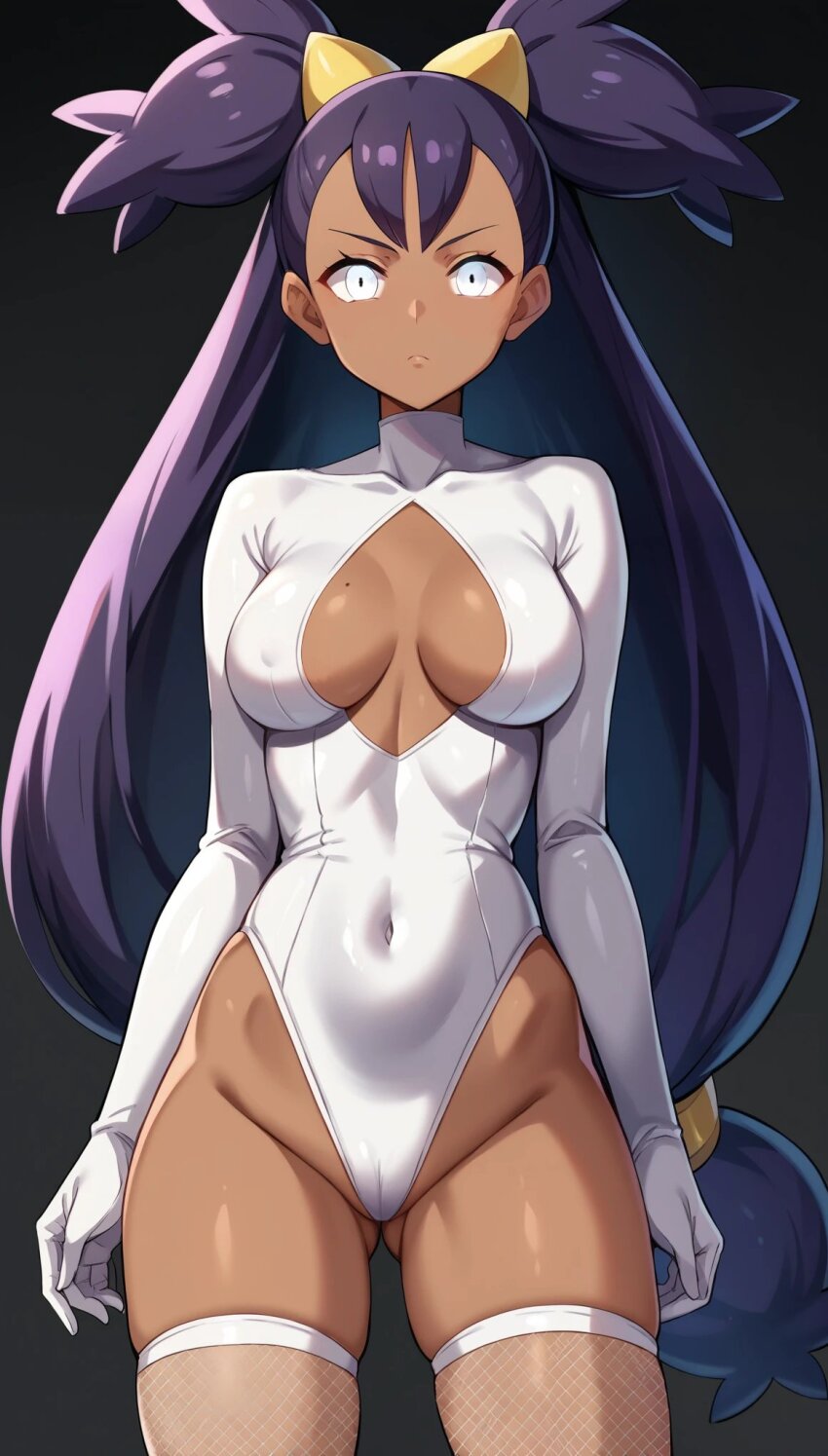 ai_art drone female_only femsub iris long_hair mcdaisukimen_(generator) nintendo pokemon pokemon_black_and_white purple_hair simple_background solo whitewash_eyes