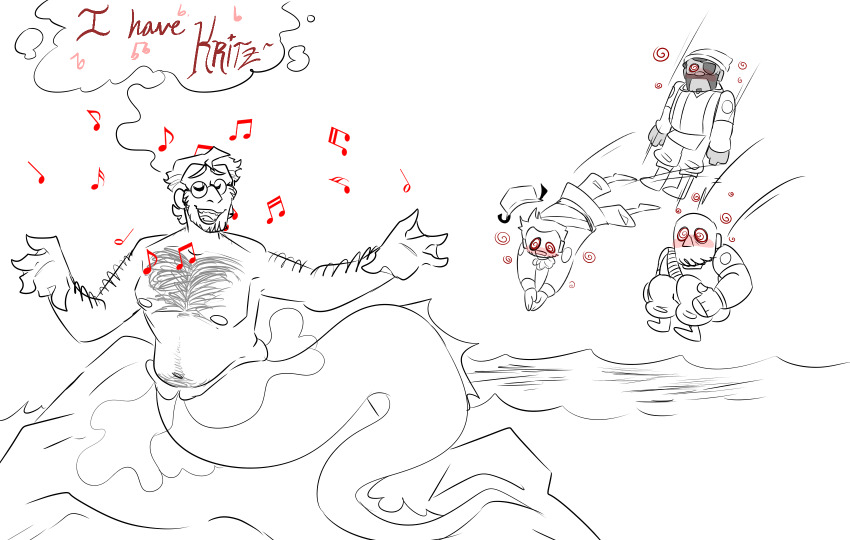 arm_hair blush chest_hair demoman_(team_fortress_2) dialogue eel_boy humor hypnotic_music male_only maledom malesub medic_(team_fortress_2) merman misha_(team_fortress_2) music mx_driftdrop red_eyes singing siren soldier_(team_fortress_2) spiral_eyes team_fortress_2 water white_background