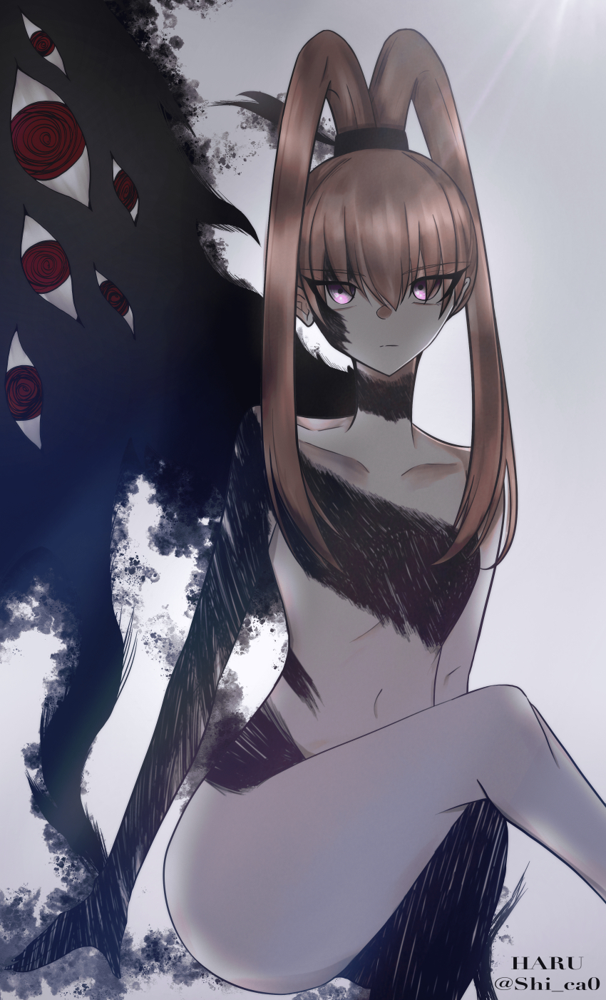 absurdres alternate_costume bandai_namco bare_legs brown_hair corruption crossed_legs digimon digimon_xros_wars expressionless femsub hair_ornament haru_(shi_ca0) legs living_costume long_hair midriff navel nene_amano non-binary non-binary_dom possession purple_eyes red_eyes shademon sitting thighs