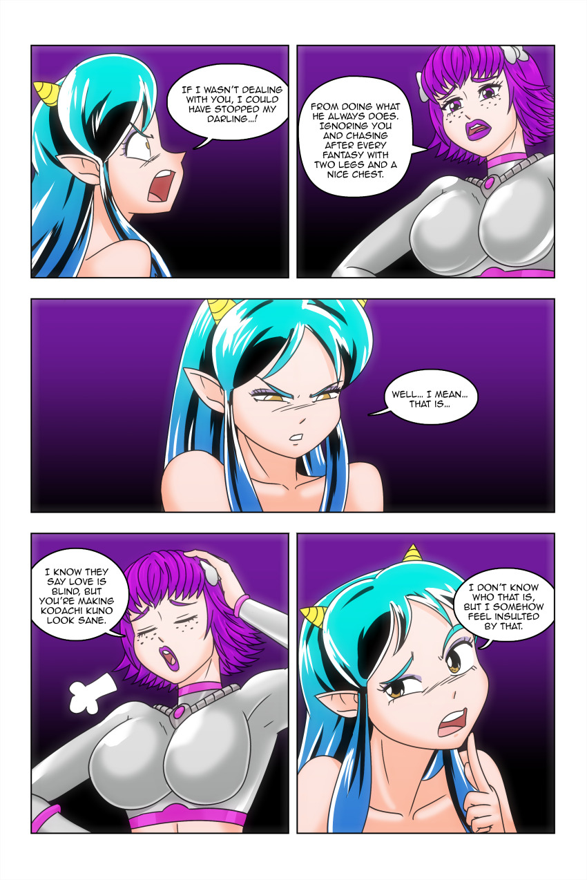 alien_girl angry bikini bikini_bottom bikini_top boots border bow brown_eyes cleavage comic dialogue english_text eyeshadow freckles green_hair high_heels horns kimberly_smith_(daveyboysmith9) large_breasts lum midriff multicolored_hair oni_girl original purple_eyes purple_hair purple_lipstick short_hair speech_bubble story text urusei_yatsura wadevezecha