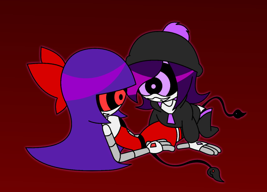 alternate_costume alternate_form bare_shoulders beanie bottomless bow doll_(murder_drones) dress dueling_hypnotists femsub goth gradient_background happy_trance hoodie hypnoscream leggings long_hair love lying murder_drones purple_hair red_background ring_eyes robot robot_girl shiny_hair short_hair simple_background smile smirk straight-cut_bangs sub_on_sub tail uzi_doorman white_skin yuri