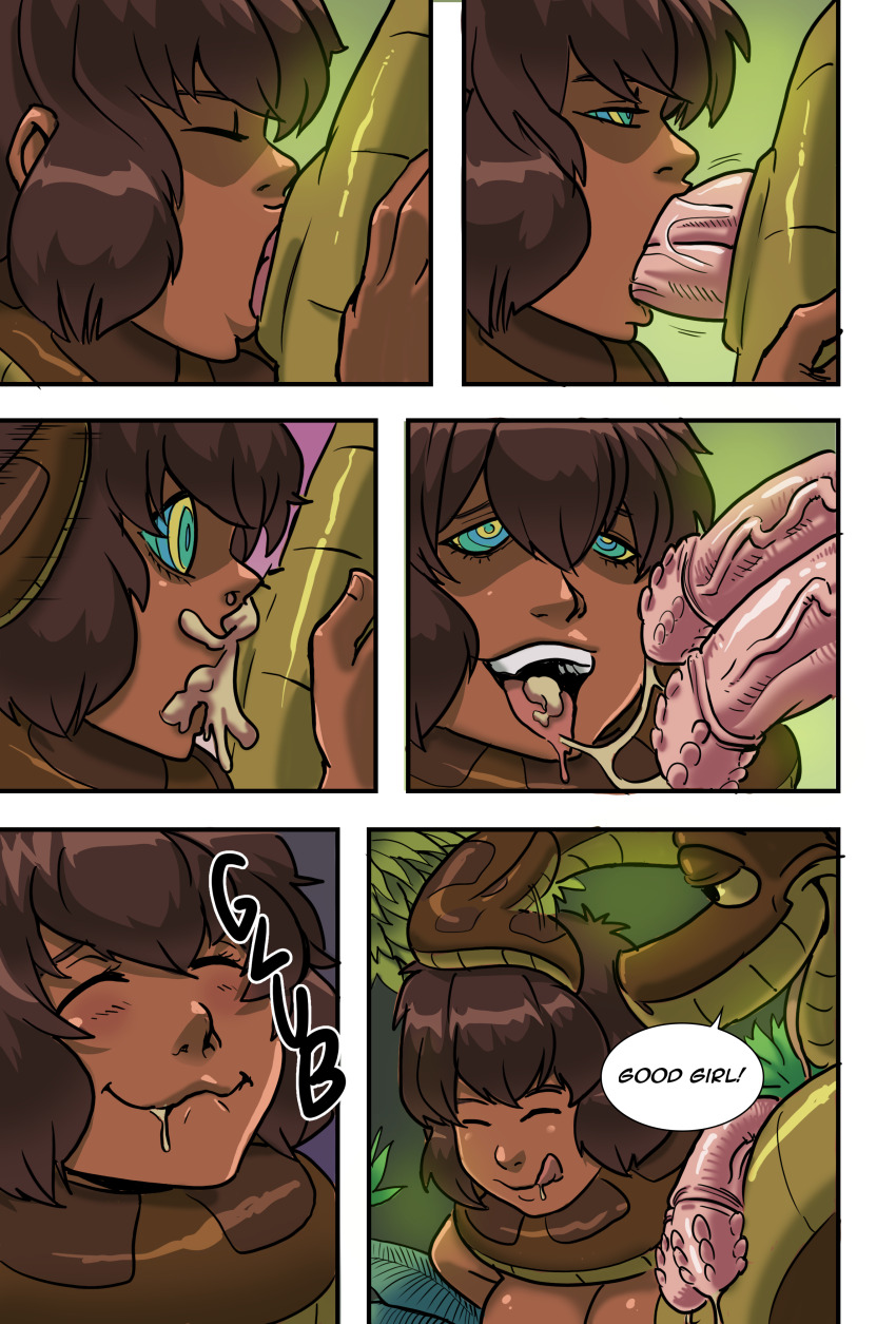 brown_hair coils comic cum cum_in_mouth disney double_fellatio double_penis ewder fellatio genderswap good_sub_conditioning happy_trance kaa kaa_eyes large_breasts licking_lips mowgli nude penis short_hair snake snake_penis speech_bubble tan_skin text the_jungle_book tongue_out
