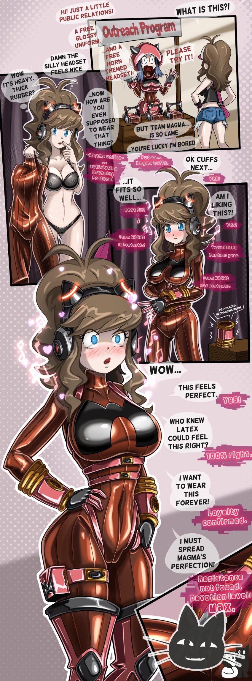 absurdres ass bodysuit bra breasts brown_hair cameltoe dialogue english_text female_only femsub fingerless_gloves gloves headphones heart hilda hourglass_figure hypnotic_accessory hypnotic_audio hypnotized_assistant large_breasts latex long_hair midriff multiple_girls multiple_subs music navel nintendo panties pokemon rosvo shrunken_irises speech_bubble sweat team_magma team_magma_grunt tech_control text thought_bubble tight_clothing underwear