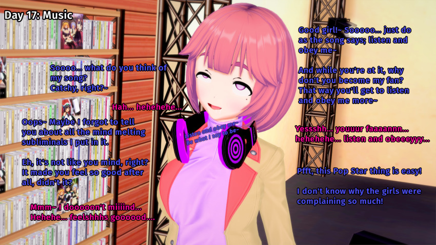 3d dialogue drool english_text eye_roll female_only femdom femsub happy_trance headphones hypnotic_audio hypnotic_music hypnovember julie_(liz_b) koikatsu! liz_b original pink_eyes pink_hair text