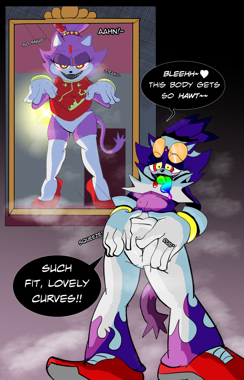 absurdres alternate_costume blaze_the_cat blush boo_(sonic) breasts cat_girl comic cosplay costume crotch_rub danhabikitiki dialogue dress_lift drool english_text eye_color_change femsub furry ghost gloves happy_trance heart midriff mirror multicolored_eyes multiple_possessors new_years panties possession princess red_eyes reflection royalty shoes smile smoke sonic_riders sonic_the_hedgehog_(series) speech_bubble story sweat text thighhighs thighs tiptoes tongue tongue_out wave_the_swallow yellow_eyes
