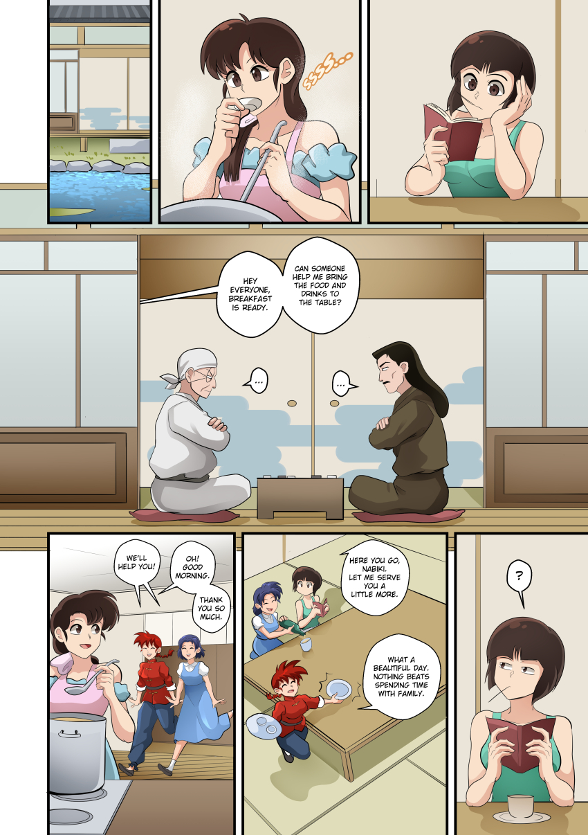 akane_tendo apron bandana bare_shoulders black_hair blue_hair book brown_hair clothed comic dialogue dress_shirt genderswap genma_saotome glasses kasumi_tendo long_hair nabiki_tendo open_mouth pants ponytail ranma_1/2 ranma_saotome red_hair shoes short_hair sitting smile soun_tendo standing table tank_top text water