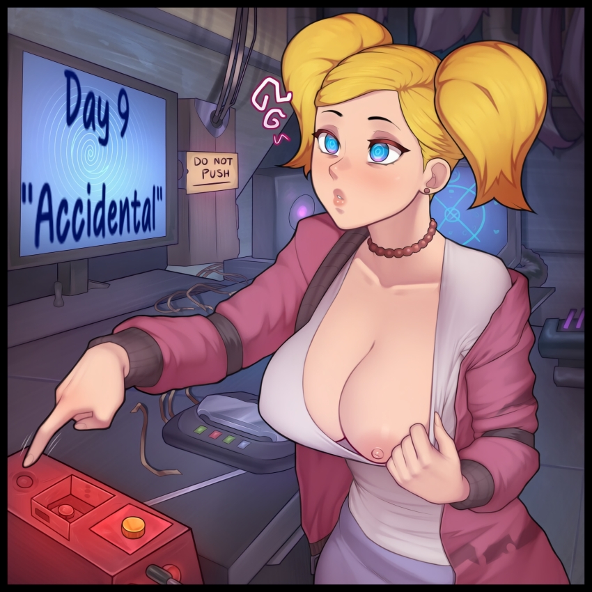 accidental_hypnosis ai_art bare_breasts blonde_hair border cartoon_network dee_dee dexter&#039;s_laboratory empty_eyes english_text female_only femsub hypnovember instant_loss maledom mrchypno_(generator) one_breast_out solo spiral_eyes tech_control text twintails undressing undressing_command