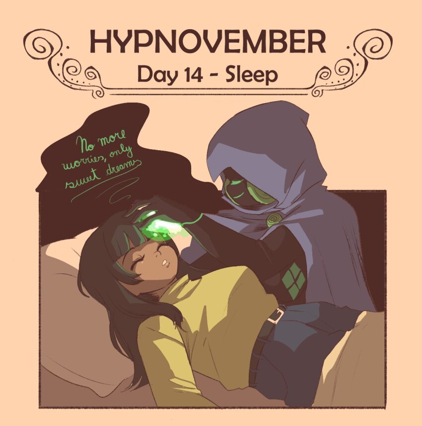 bed belt black_hair bodysuit character_request closed_eyes dialogue english_text female_only femdom femsub glowing green_hair hood hypnovember long_hair lying magic mary_mavys_(pstash) original pillow pstash sleep_command sleeping smile text wholesome