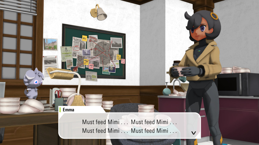 black_hair blue_eyes bodysuit coat emma_(pokemon) empty_eyes espurr expressionless femsub food gameplay_mechanics glowing_eyes mantra mimi_(pokemon) mmd nintendo pokemon pokemon_(creature) pokemon_legends_z-a sir_lurksalot text