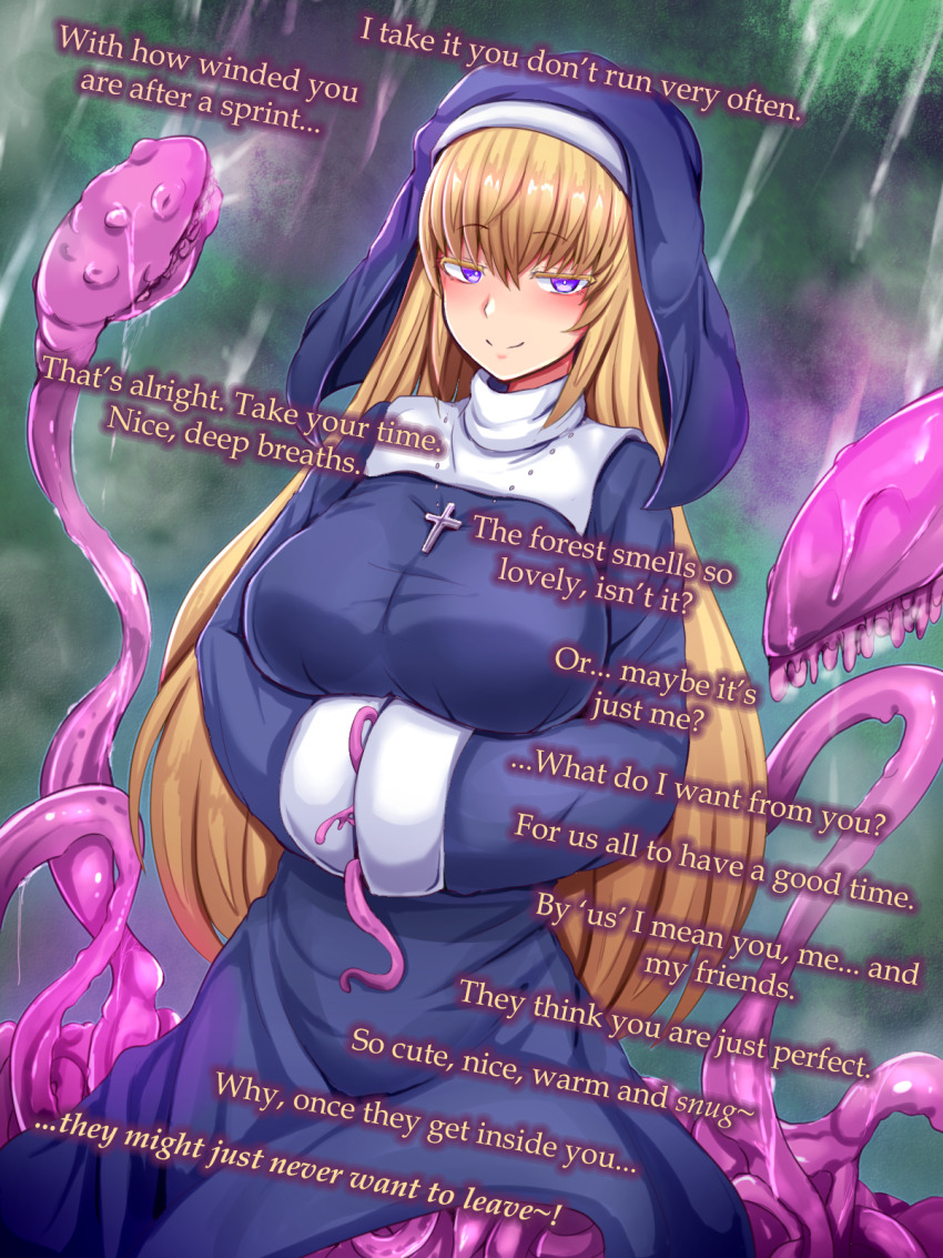 bangs blonde_hair caption clothed cross dialogue femdom femsub hypnotic_gas manip monster_fruit monster_girl_encyclopedia necklace nun parasite pov pov_sub purple_eyes roper_(monster_girl_encyclopedia) stewarone_(manipper) text very_long_hair