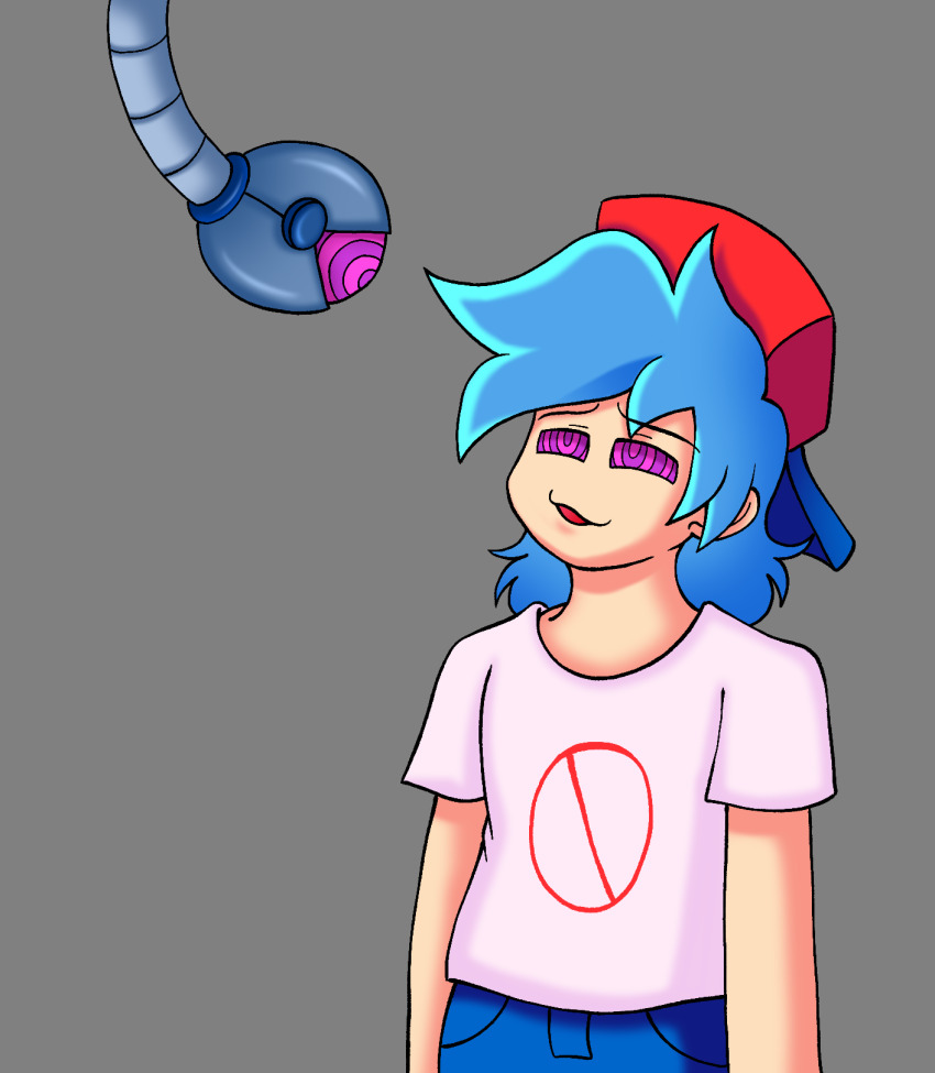 blue_hair boyfriend_(friday_night_funkin&#039;) friday_night_funkin&#039; gothiccat male_only malesub robot smile spiral_eyes standing tech_control