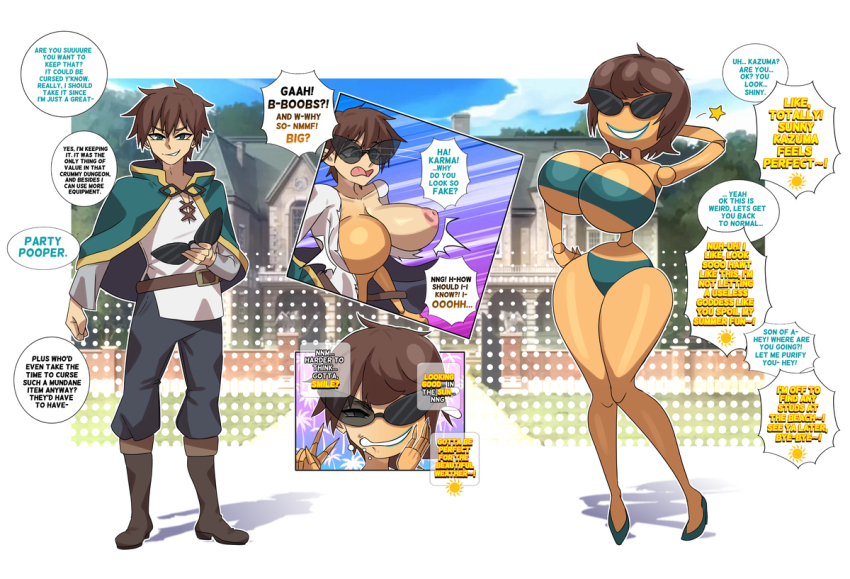 bare_shoulders before_and_after bikini bimbofication boots breasts brown_hair comic doll dollification erasethismail femsub glasses happy_trance huge_breasts kazuma_satou knick_knack kono_subarashii_sekai_ni_shukufuku_wo! large_breasts skirt sunglasses sunny_miami tan_skin text tights transformation transgender