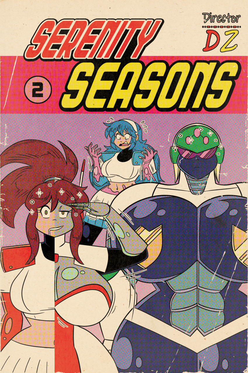 blue_hair breast_expansion brown_eyes brown_hair drool empty_eyes female_only femsub hair_band headphones huge_breasts long_hair maggotmike muscle_girl original ponytail resisting robot robot_girl robotization saluting shoulder_pads skirt text transformation