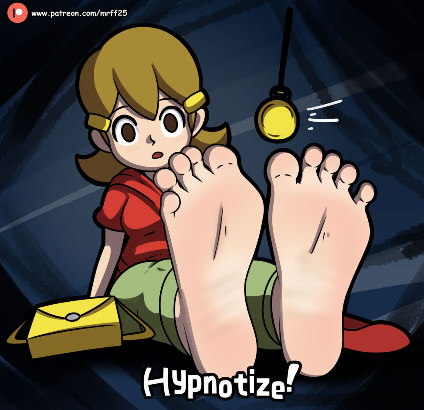 5-volt barefoot brown_eyes brown_hair clothed coin empty_eyes feet female_only femsub foot_focus gameplay_mechanics hoodie mrff25 nintendo pants pendulum sitting solo warioware