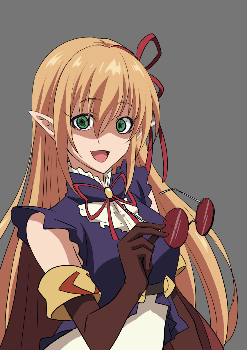 absurdres arisa_(shadowverse) blonde_hair clothed corruption cygames dead_source dress elf elf_ears empty_eyes evil_smile femsub glasses gloves green_eyes grey_background hamhamshad iceschillendrig maledom open_mouth opera_gloves possession ring_eyes shadowverse simple_background smile spiral_eyes spoilers sunglasses symbol_in_eyes tongue very_long_hair