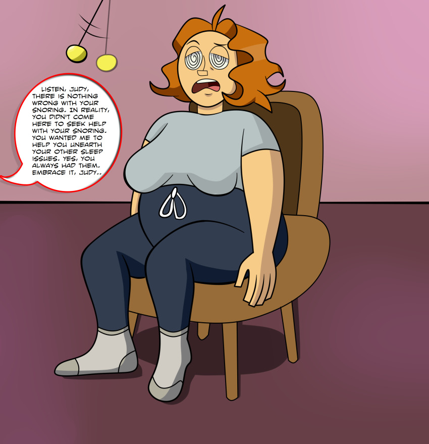 absurdres chair clothed dialogue english_text fat female_only femsub judy_abbott long_hair milf open_mouth orange_hair pants pendulum shirt simple_background sitting socks solo somnowalkerx speech_bubble spiral_eyes text twelve_forever western