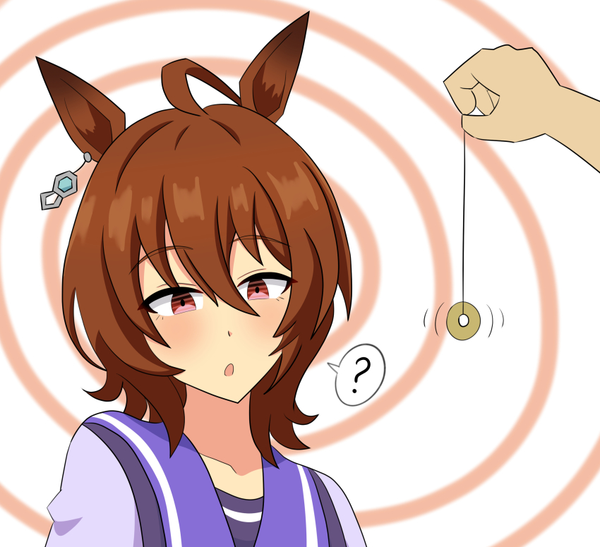 absurdres agnes_tachyon animal_ears blush brown_hair confused dazed deepwater earrings femsub horse_girl jewelry open_mouth pendulum red_eyes school_uniform simple_background spiral uma_musume