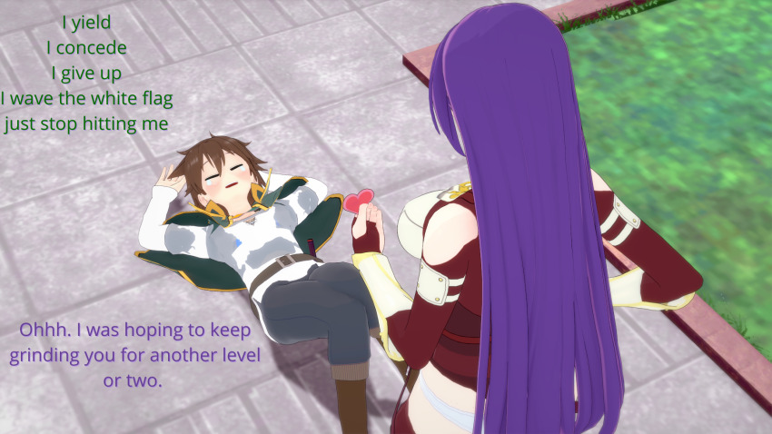 accidental_hypnosis brown_hair dialogue femsub gama_catthem gameplay_mechanics humor hypnovember kazuma_satou kono_subarashii_sekai_ni_shukufuku_wo! purple_hair shangri-la_frontier tagme tears tech_control text towa_amane