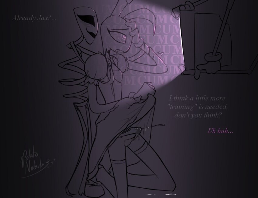 bunny_boy crossdressing cum dialogue drool english_text erection erection_under_clothes femdom gangle_(the_amazing_digital_circus) hypnotic_screen jax_(the_amazing_digital_circus) kneeling malesub monochrome panties potatonebula spiral_eyes standing text the_amazing_digital_circus thighhighs