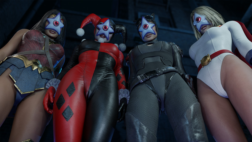3d black_hair blonde_hair breasts cameltoe cape catwoman clown dc_comics eh femsub gloves harley_quinn leotard long_hair makeup multiple_girls multiple_subs panties parasite pov power_girl red_eyes short_hair skirt standing starro super_hero wonder_woman