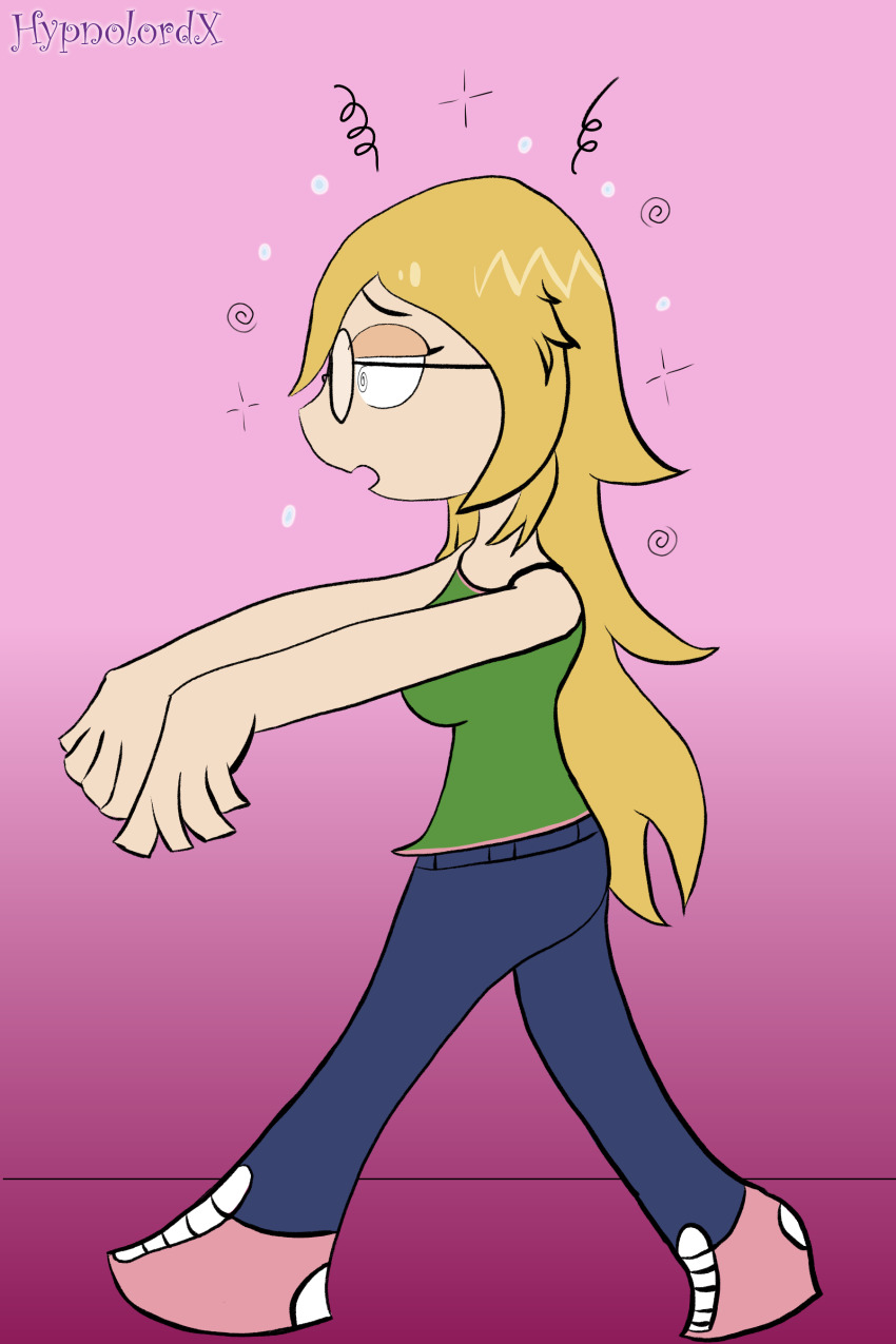 blonde_hair cat_nap_(hypnolordx) clothed dazed femsub glasses hypnolordx long_hair open_mouth original signature simple_background spiral spiral_eyes symbol_in_eyes zombie_walk