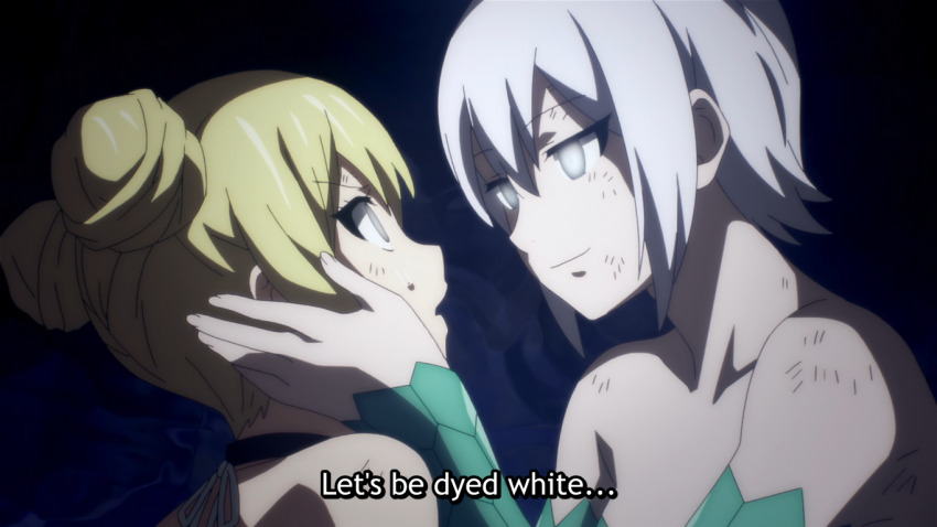 blonde_hair bondage coils dialogue empty_eyes english_text fairy_tail female_only femdom femsub glowing_eyes hypnotic_eyes hypnotized_hypnotist lisanna_strauss lucy_heartfilia resisting restrained screenshot snake_girl tail text white_eyes white_hair yuri