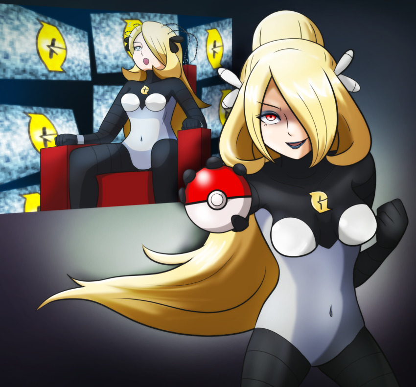 asatuyu before_and_after blonde_hair blue_eyes bodysuit brain_drain breasts cables chair corruption cuffs cynthia drool enemy_conversion eye_roll female_only femsub grey_background hair_covering_one_eye hair_ornament happy_trance leotard lipstick long_hair makeup monitor nintendo open_mouth pokeball pokemon pokemon_diamond_pearl_and_platinum ponytail red_eyes restrained simple_background sitting smile team_galactic tech_control very_long_hair white_eyes wires