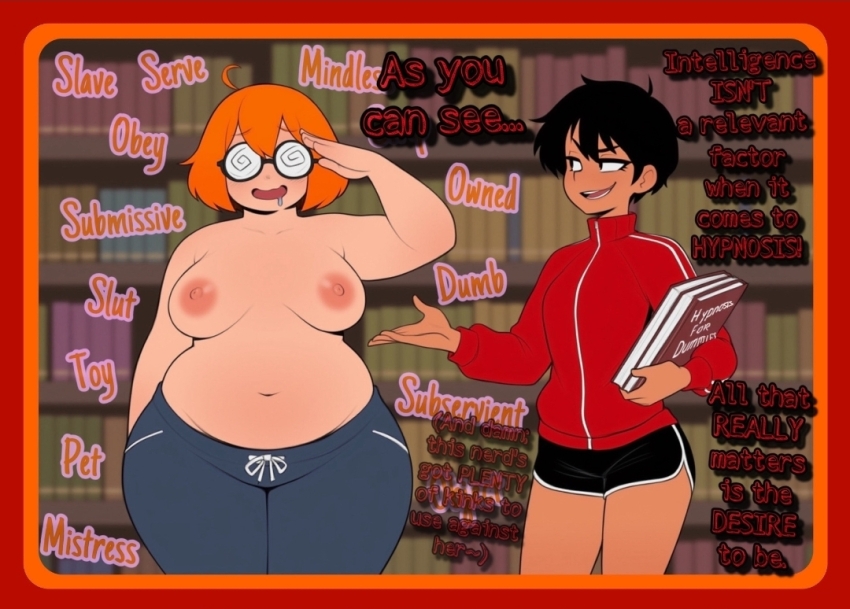 ai_art black_hair brain_drain breasts chubby drool female_only femdom femsub glasses happy_trance hypnofantasy_(generator) nerd nipples orange_hair saluting short_hair shorts smile text thick_thighs tracksuit trigger wide_hips