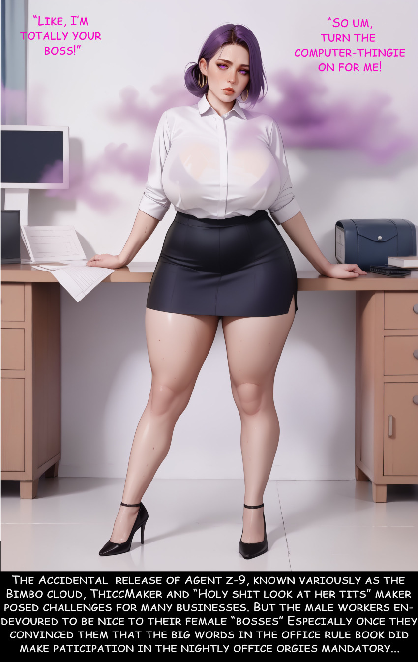 ai_art bimbofication brain_drain breasts dress_shirt earrings femsub gregory_michelson_(generator) hypnotic_gas large_breasts maledom office office_lady purple_eyes purple_hair skirt text thick_thighs