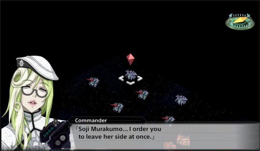 femsub glasses green_hair jamie_(super_robot_wars) lipstick military_uniform robot_girl screenshot smile super_robot_wars text video_game whitewash_eyes