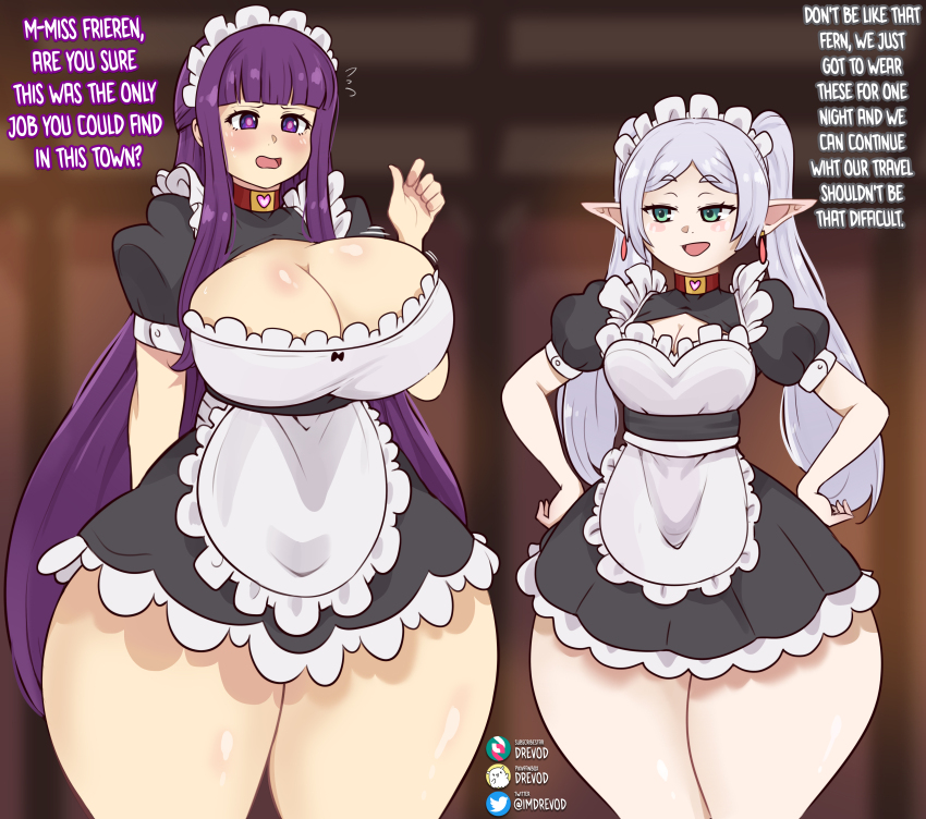 before_and_after blush breasts cleavage cleavage_cutout collar dialogue drevod earrings elf elf_ears english_text fern_(frieren:_beyond_journey&#039;s_end) frieren frieren:_beyond_journey&#039;s_end green_eyes heart jewelry long_hair maid maid_headdress multiple_girls multiple_subs purple_eyes purple_hair signature smile smug text thighs twintails very_long_hair white_hair